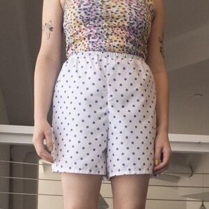 high waisted white and purple polkadot summer shorty shorts